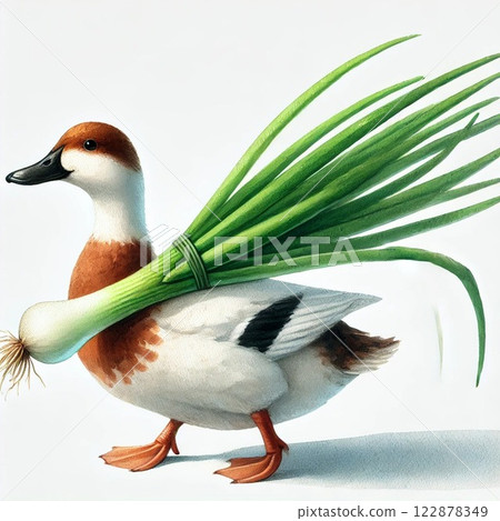 Duck carrying a leek 122878349