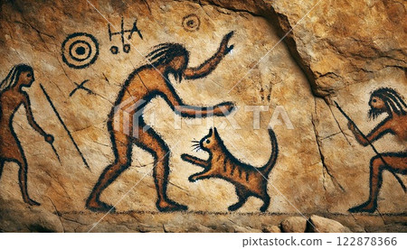 古代壁畫中描繪的貓和人一起玩耍 古代壁畫中描繪的貓和人一起玩耍 122878366