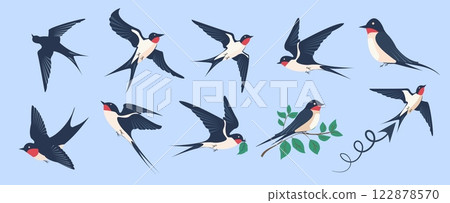 Swallows soaring through the sky symbolizing the joy of spring and the beauty of migration in flat design 122878570