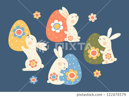 Cute Easter Bunny with Paschal Floral Egg. Adorable Spring Holiday. Isolated rabbit animal, flower for festive decor and design, postcards. Vector illustration 122878579