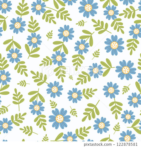 Seamless floral pattern with blue flowers and leaves on White background. Botanical decorative texture. Design for wallpaper, textile, wrapping paper, fabric. Vector illustration 122878581