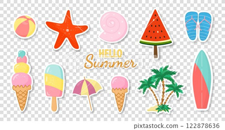 Stickers or cartoon icons on a transparent background. A large set of summer stickers. Stickers or cartoon icons on a transparent background. A large set of summer stickers. 122878636