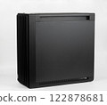 Side view of empty  big tower, PC case, chassis, 15.5 mm front panel grille with 45% porosity for maximum air intake. Studio shoot on white background. 122878681