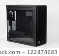 Side view of empty  big tower, PC case, chassis,  tempered-glass left panel has a mesh window to aid in graphics-card ventilation 122878683