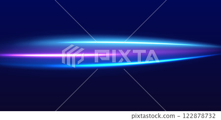 Lines in the shape of a comet against a dark background. Motion light effect for banners. Neon color glowing lines, high speed light trails effect. Purple glowing wave swirl, impulse cable lines. 122878732