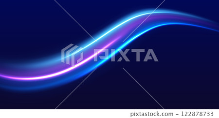 Lines in the shape of a comet against a dark background. Motion light effect for banners. Neon color glowing lines, high speed light trails effect. Purple glowing wave swirl, impulse cable lines. 122878733