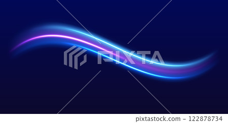 Speed police line. Laser beams, horizontal light rays. Magic shining neon light line trails. Purple glowing wave swirl, impulse cable lines. High speed effect motion blur night lights 122878734