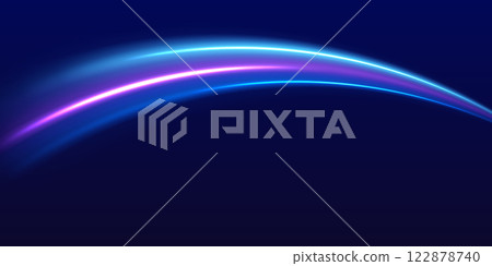 Speed police line. Laser beams, horizontal light rays. Magic shining neon light line trails. Purple glowing wave swirl, impulse cable lines. High speed effect motion blur night lights 122878740