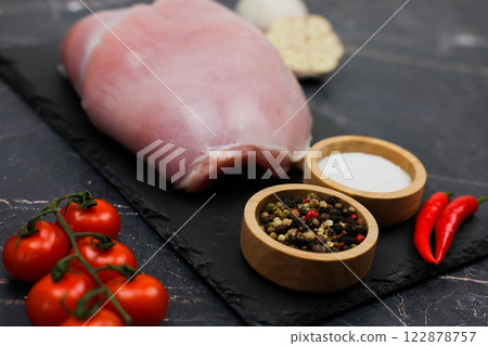 The concept of proper and healthy nutrition, diet, menu, natural and organic products. Close-up of raw turkey fillet lying on a black stone plank with spices and salt in wooden bowls, red hot chilli The concept of proper and healthy nutrition, diet, menu, natural and organic products. Close-up of raw turkey fillet lying on a black stone plank with spices and salt in wooden bowls, red hot chilli 122878757