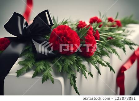 A detailed shot of a funeral banner featuring a cascading arrangement of red carnations, with a sleek black ribbon running diagonally across, creating a sense of elegance and mourning 122878881