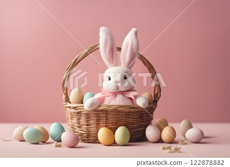A close-up of a traditional Easter basket filled with painted eggs, chocolate bunnies, and flowers, with realistic details in textures and colors on a pink background 122878882