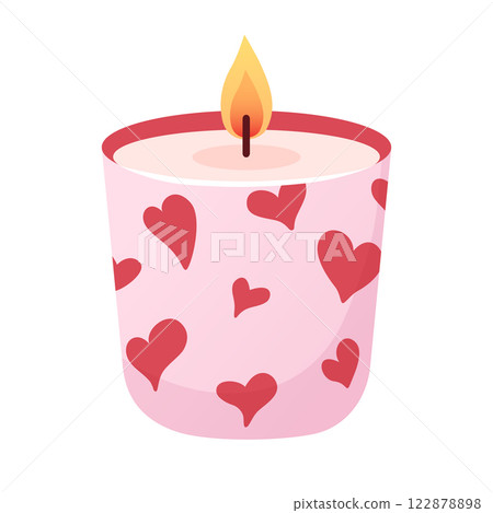 Burning pink candle in jar with red hearts in cartoon flat style. Romantic pink candle for Valentines Day, wedding, bachelorette party, home decor. Vector illustration 122878898