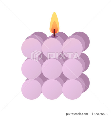 Lilac burning candle in interesting shape in cartoon flat style. Design elements for home decor, Valentines Day, wedding, bachelorette party. Vector illustration 122878899