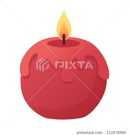 Red burning candle ball in cartoon flat style. Design elements for home decor, Valentines Day, wedding, bachelorette party. Vector illustration 122878900