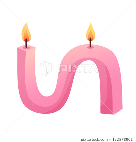 Pink burning candle in cartoon flat style. Romantic pink candle for Valentines Day, wedding, bachelorette party, home decor. Vector illustration 122878901