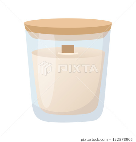 Candle in glass jar with a wooden wick in cartoon flat style. Design elements for home decor, Valentines Day, wedding, bachelorette party. Vector illustration 122878905