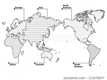 World map (Japan centered) illustration: Six continents in polka dot pattern (black and white) World map (Japan centered) illustration: Six continents in polka dot pattern (black and white) 122878977
