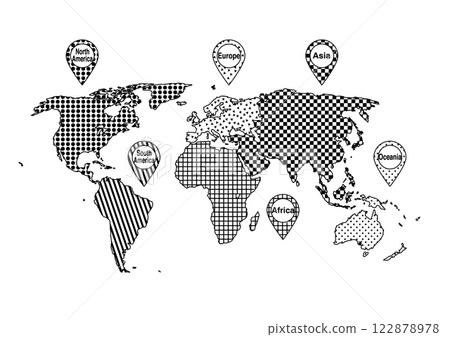 World map illustration: Six continents and location information marks (black and white) World map illustration: Six continents and location information marks (black and white) 122878978