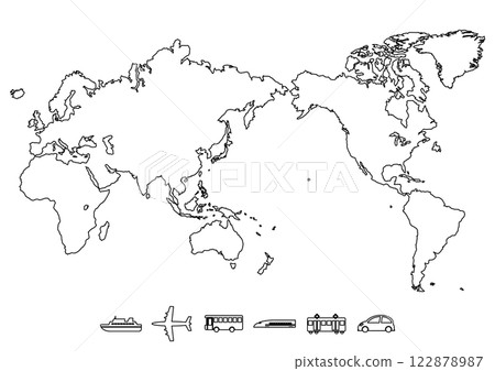 World map (Japan centered) and transportation icon illustration (black line) World map (Japan centered) and transportation icon illustration (black line) 122878987