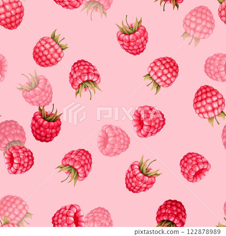 Raspberry seamless pattern with berries on pink background. 122878989