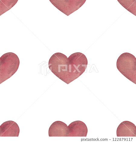 Hand-drawn hearts on texture paper. Coral watercolor. Seamless holiday pattern for your design. Ideal for sofa cushions and other textiles. White background Hand-drawn hearts on texture paper. Coral watercolor. Seamless holiday pattern for your design. Ideal for sofa cushions and other textiles. White background 122879117
