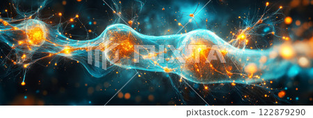 Dreamy double exposure of a woman face blending seamlessly with a swirling space nebula. Swirling galaxies and cosmic clouds create a surreal, infinite connection to the cosmos, banner 122879290