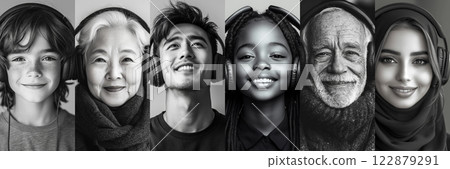 Dreamy double exposure of a woman face blending seamlessly with a swirling space nebula. Swirling galaxies and cosmic clouds create a surreal, infinite connection to the cosmos, banner 122879291