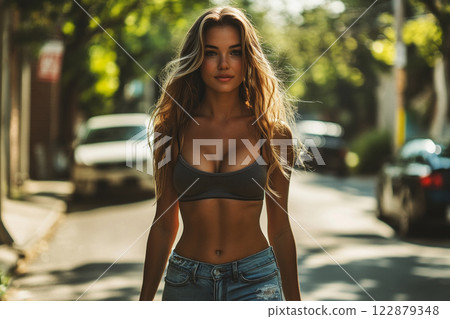 A scenic moment featuring a hiker on a wooded trail, surrounded by lush greenery and warm sunlight, capturing the awe of exploring nature beauty, banner 122879348