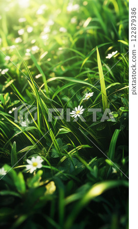 A scenic moment featuring a hiker on a wooded trail, surrounded by lush greenery and warm sunlight, capturing the awe of exploring nature beauty, banner 122879386