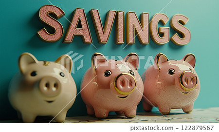 Three pink piggy banks with the word "Savings" for financial planning theme 122879567