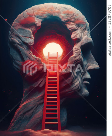 Surreal scene with a red ladder leads up through the hollow head to a bright light at the top. Conceptual abstract background for inner journey. Open mind as psychology and mental health metaphor 122879703