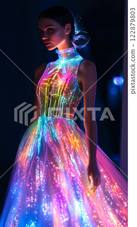 Futuristic Holographic Dress. Digital Fashion with Dynamic Light Effects 122879803