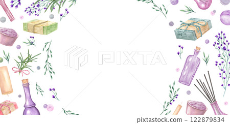 Watercolor fragrance organic herbal elements. Candle, bowl with salt, wildflowers, herbs, bottle, soap bars, bath bomb frame with empty space for text. Spa border illustration for greeting cards 122879834