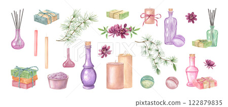 Watercolor spa accessories for aromatherapy, relaxation procedure. Candle, bowl with salt, flowers, herbs, bottle, soap bars, bath bomb and green foliage clip art illustration for package design Watercolor spa accessories for aromatherapy, relaxation procedure. Candle, bowl with salt, flowers, herbs, bottle, soap bars, bath bomb and green foliage clip art illustration for package design 122879835