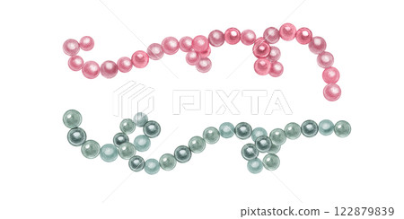 Watercolor pearl necklace clip art illustration isolated background. Grey green and pink nacreous beads set Female accessories for holiday design, jewelry stores, retail marketing visuals 122879839