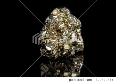 Macro mineral stone Pyrite on a black background Macro mineral stone Pyrite on a black background 122879853