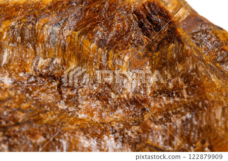 Macro mineral stone Tiger's eye in the breed on a white background Macro mineral stone Tiger's eye in the breed on a white background 122879909