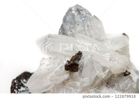 Macro mineral stone Drusus quartz with sphalerite in the rock a white background Macro mineral stone Drusus quartz with sphalerite in the rock a white background 122879918
