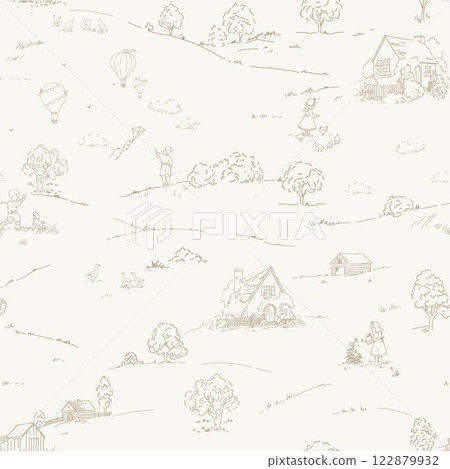 Vintage Landscape vector seamless pattern. Stock hand drawn Illustration. Toile de Jouy design featuring picturesque countryside views. Vintage Landscape vector seamless pattern. Stock hand drawn Illustration. Toile de Jouy design featuring picturesque countryside views. 122879932