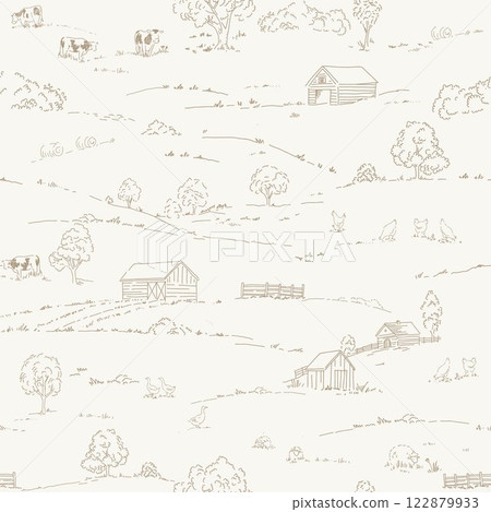 Vintage Landscape vector seamless pattern. Stock hand drawn Illustration. Toile de Jouy design featuring picturesque countryside views. Vintage Landscape vector seamless pattern. Stock hand drawn Illustration. Toile de Jouy design featuring picturesque countryside views. 122879933