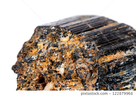 macro mineral stone sherle, schorl, black tourmaline on white background macro mineral stone sherle, schorl, black tourmaline on white background 122879968