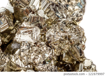 Macro mineral stone Pyrite gold on white background Macro mineral stone Pyrite gold on white background 122879997