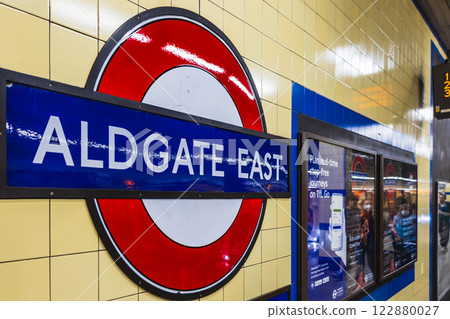 Aldgate East Underground Station Sign. Iconic London Red Tube Sign 122880027
