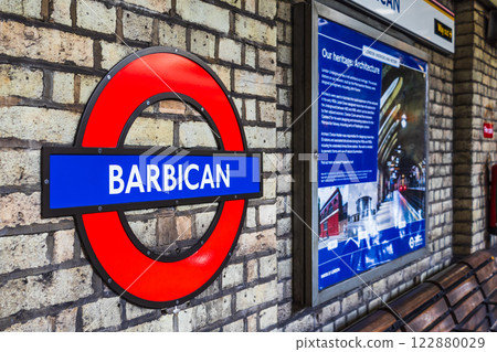 Barbican Underground Station Sign. Iconic London Red Tube Sign 122880029