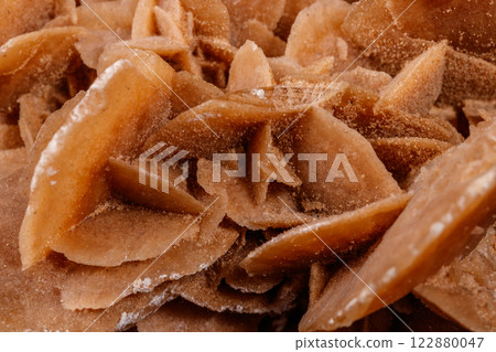 Macro mineral stone desert rose or sand rose on a black background 122880047