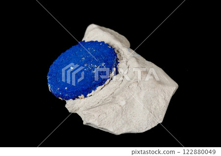 Macro mineral stone Azurite in siltstone against black background 122880049