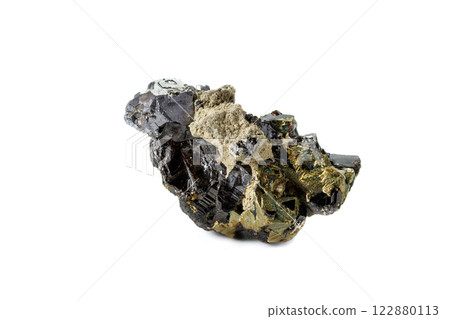 Macro mineral stone  Sphalerite Pyrite on a white background 122880113