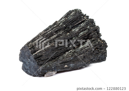Macro mineral stone Schorl, Black Tourmaline on a white background Macro mineral stone Schorl, Black Tourmaline on a white background 122880123