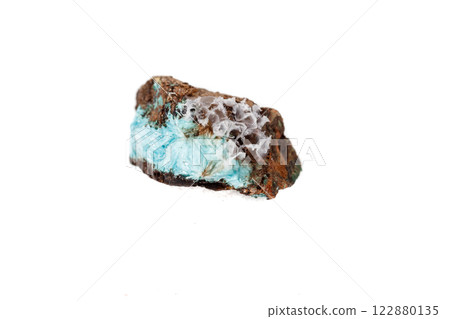 Macro mineral aurichalcite stone on microcline on white background 122880135