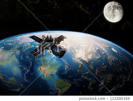 In space, in orbit around the earth. From the spaceship there is a beautiful view of the beautiful planet Earth, with its satellite, the planet Moon, on the right. 122880164